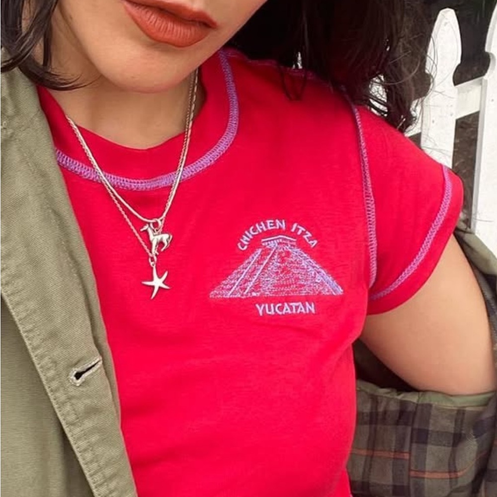 ISO! Made Some Souvenirs Free People Chichen Itza Red Crop Embroidered Baby Tee